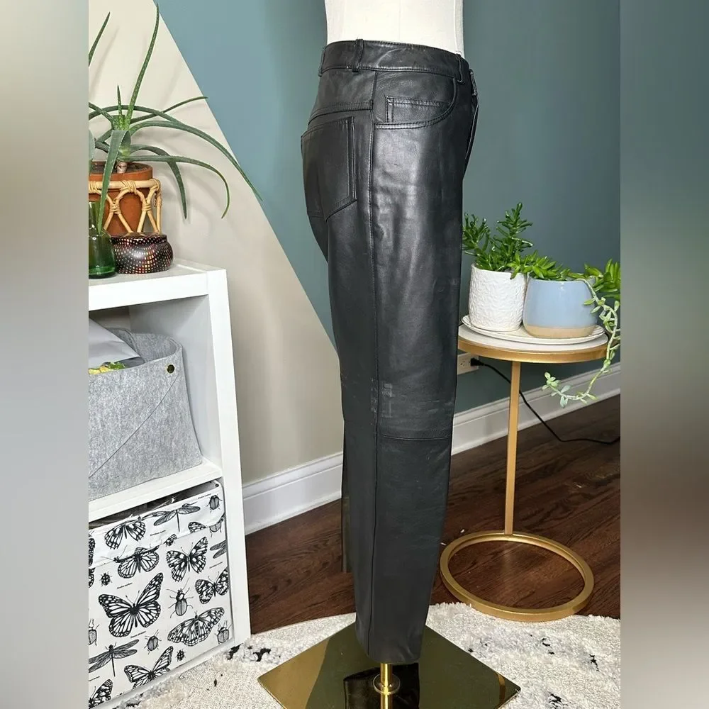 Vintage 90s Maglia Black Leather Pants High-Waisted Straight-Leg USA Made Sz 8 - Picture 3 of 11